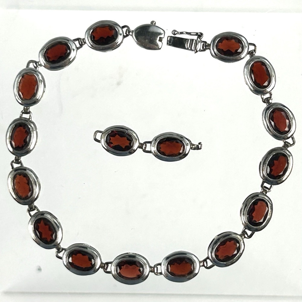 925 FP China Sterling Silver Garnet Link Bracelet w/ 2 Extra Links 8.5g